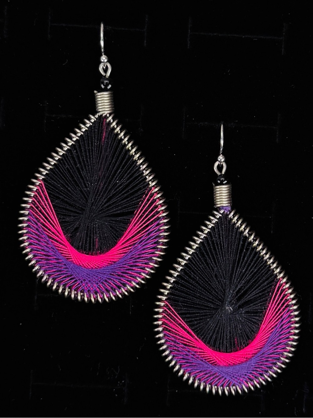 Silvertone wire wrapped weave, black purple pink pierced earrings